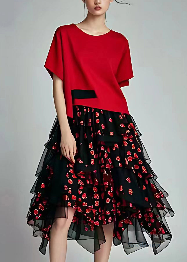 Art Red Print Tulle Patchwork Long Dresses Short Sleeve