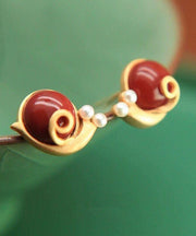 Art Red Sterling Silver Ancient Gold Pearl Agate Stud Earrings