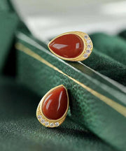 Art Red Sterling Silver Zircon Agate Water Drop Stud Earrings