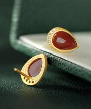 Art Red Sterling Silver Zircon Agate Water Drop Stud Earrings