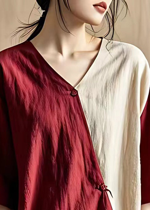 Art Red V Neck Button Patchwork Cotton Blouses Summer