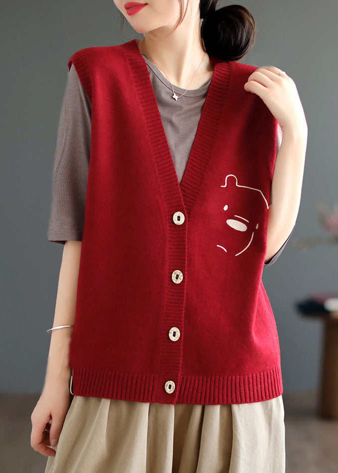 Art Red V Neck Cartoon Jacquard Knit Vest Tops Winter