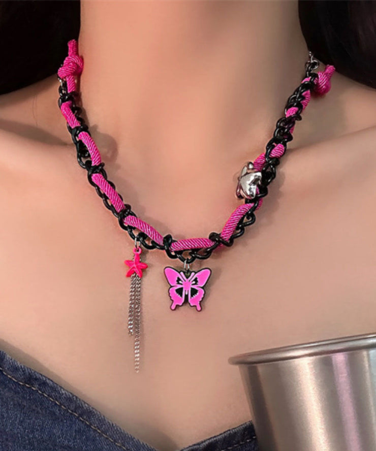 Art Rose Alloy Chain Butterfly Patchwork Lariat Necklace