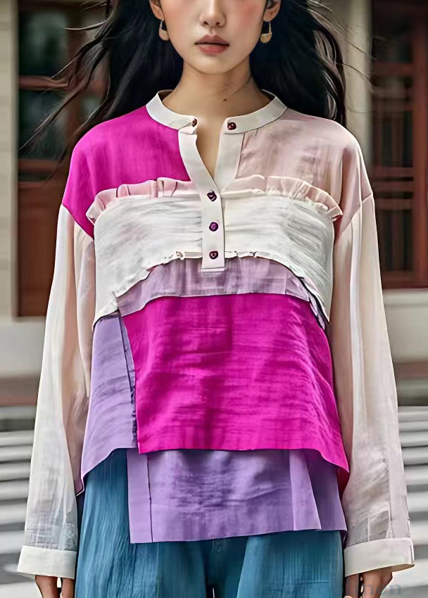 Art Rose Button Ruffled Patchwork Cotton Shirt Long Sleeve