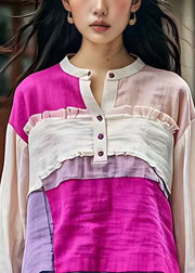 Art Rose Button Ruffled Patchwork Cotton Shirt Long Sleeve