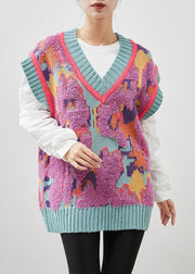 Art Rose V Neck Jacquard Warm Knit Vest Winter