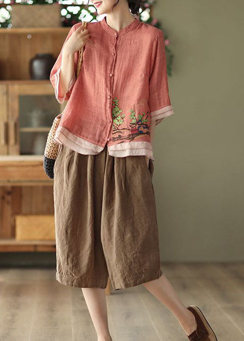 Art Rubber Red Embroideried Patchwork Linen Shirt Tops Summer