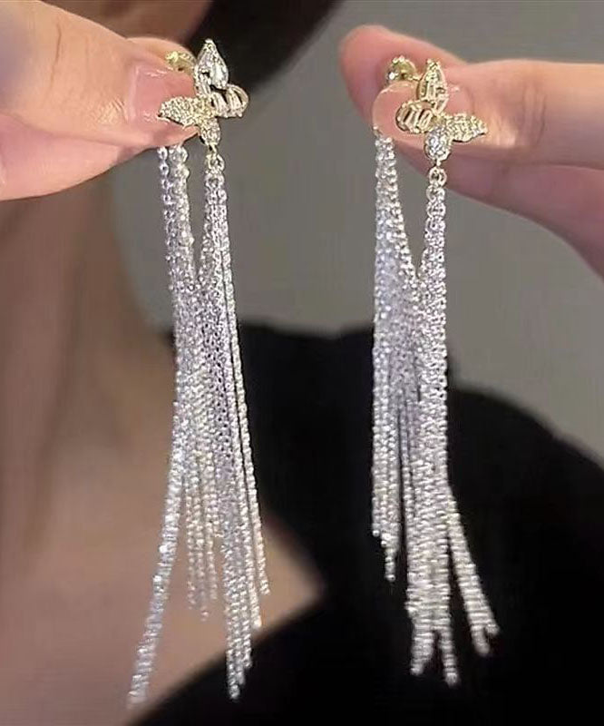 Art Silk Zircon Butterfly Tassel Draping Drop Earrings