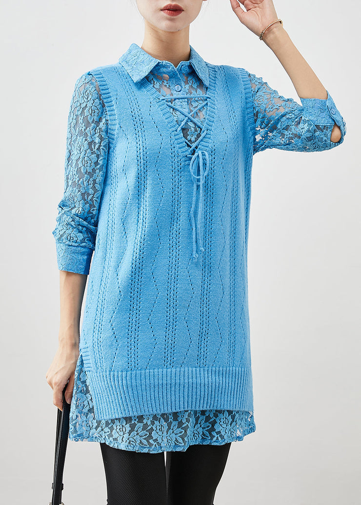 Art Sky Blue Lace Up Knit Vest Dress Two Piece Set Women Clothing Spring