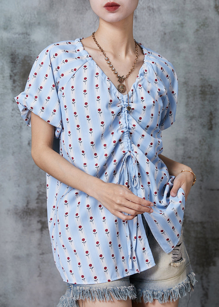 Art Sky Blue Print Drawstring Side Open Cotton Shirt Tops Summer