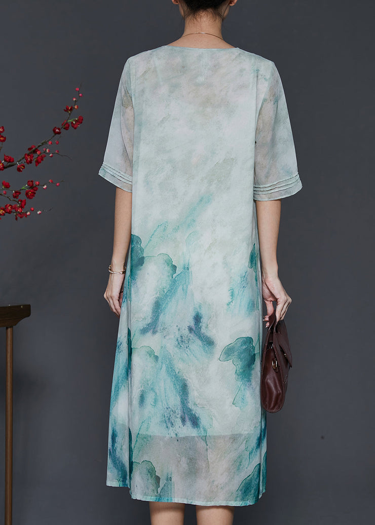 Art Sky Blue Tie Dye Wrinkled Chiffon Holiday Dress Summer