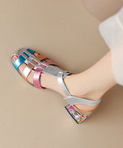 Art Splicing Chunky Heel Hollow Out Sandals Silver Cowhide Leather