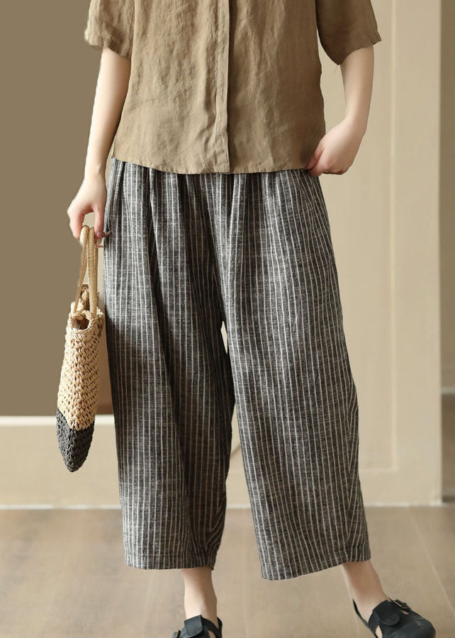 Art Striped Pockets Elastic Waist Patchwork Linen Pants Summer