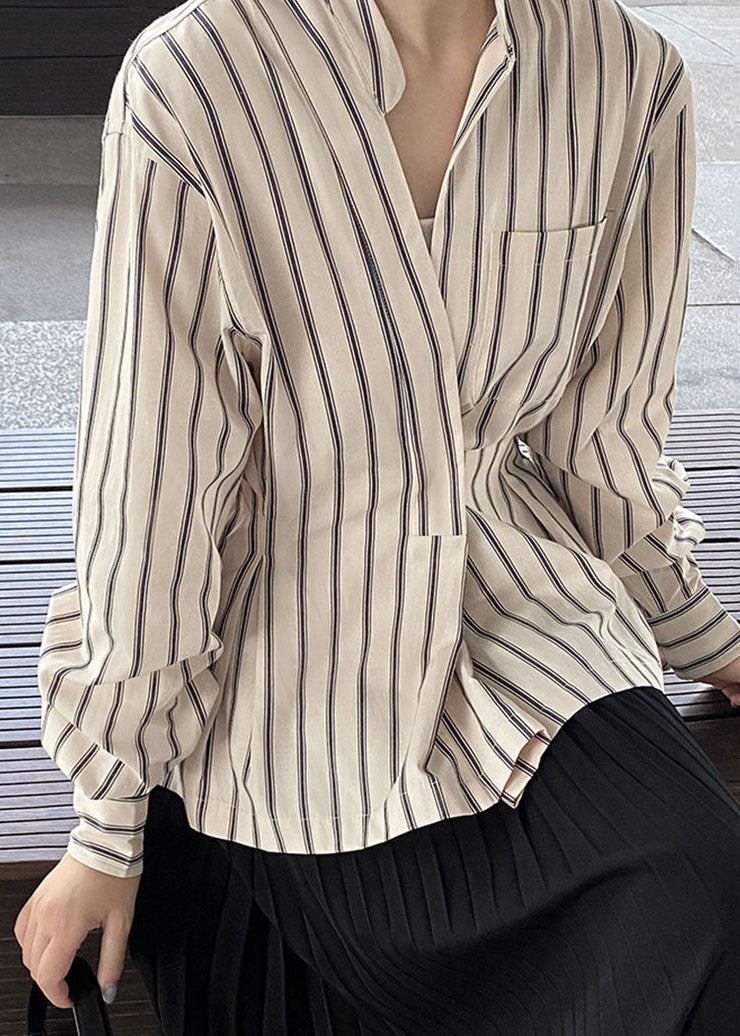 Art Striped Stand Collar Flattering Shirt Long Sleeve