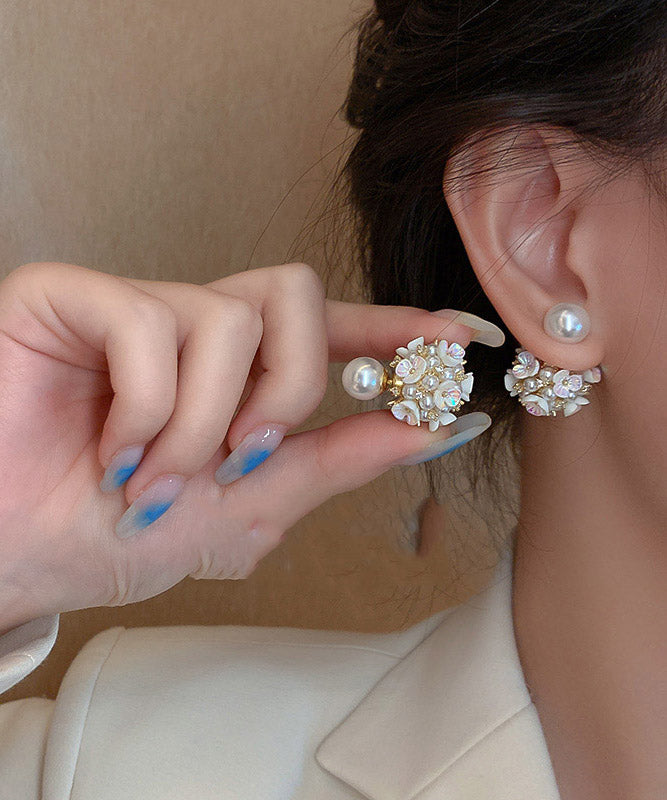 Art White Alloy Acrylic Pearl Zircon Floral Stud Earrings