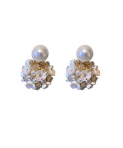 Art White Alloy Acrylic Pearl Zircon Floral Stud Earrings