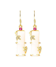 Art White Ancient Gold Inlaid Zircon Jade Bamboo Joint Drop Earrings