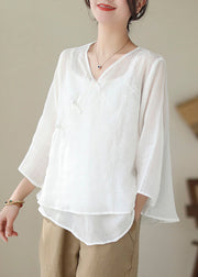 Art White Asymmetrical Embroideried Chinese Button Linen Shirt Tops Summer