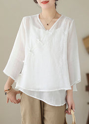 Art White Asymmetrical Embroideried Chinese Button Linen Shirt Tops Summer