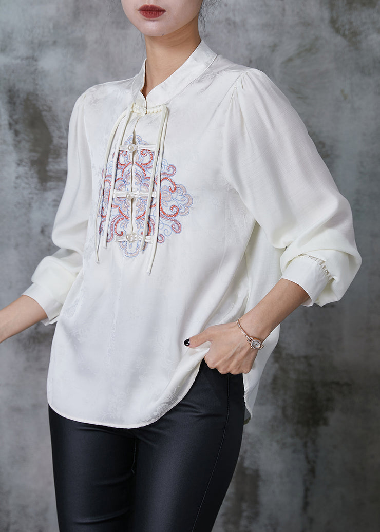 Art White Embroidered Chinese Button Silk Blouse Top Spring