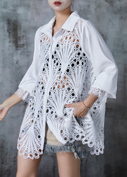 Art White Oversized Hollow Out Lace Shirt Tops Fall