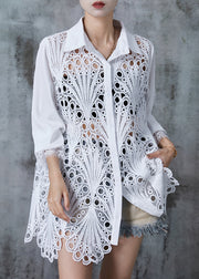 Art White Oversized Hollow Out Lace Shirt Tops Fall