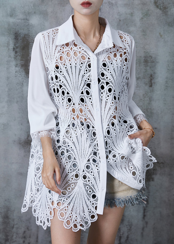 Art White Oversized Hollow Out Lace Shirt Tops Fall