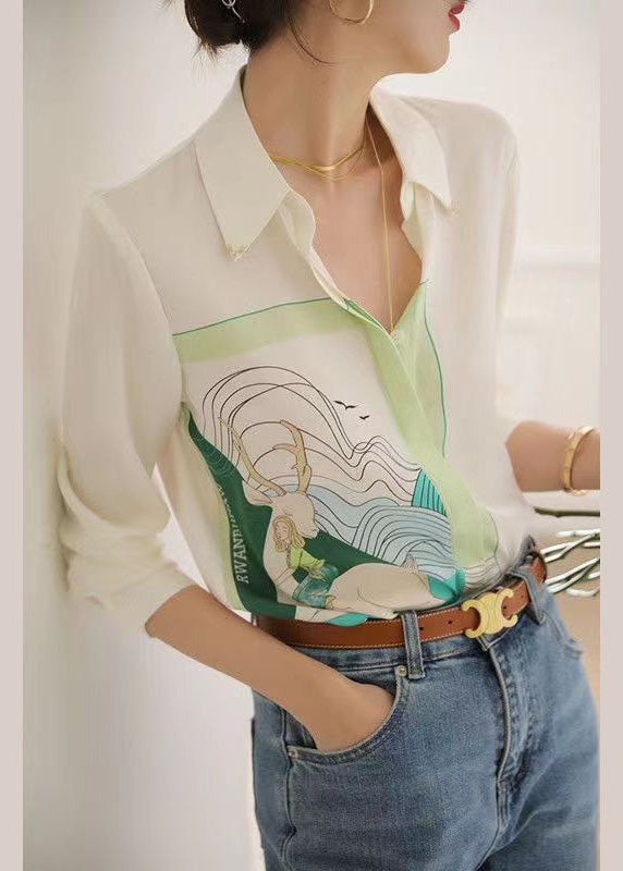 Art White Peter Pan Collar Print Chiffon Shirt Tops Spring