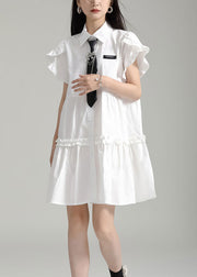 Art White Peter Pan Collar Ruffled Patchwork Cotton Shirts Dress Summer