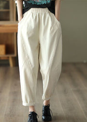 Art White Pockets Patchwork Elastic Waist Cotton Harem Pants Spring