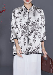 Art White Print Slim Fit Silk Blouses Summer