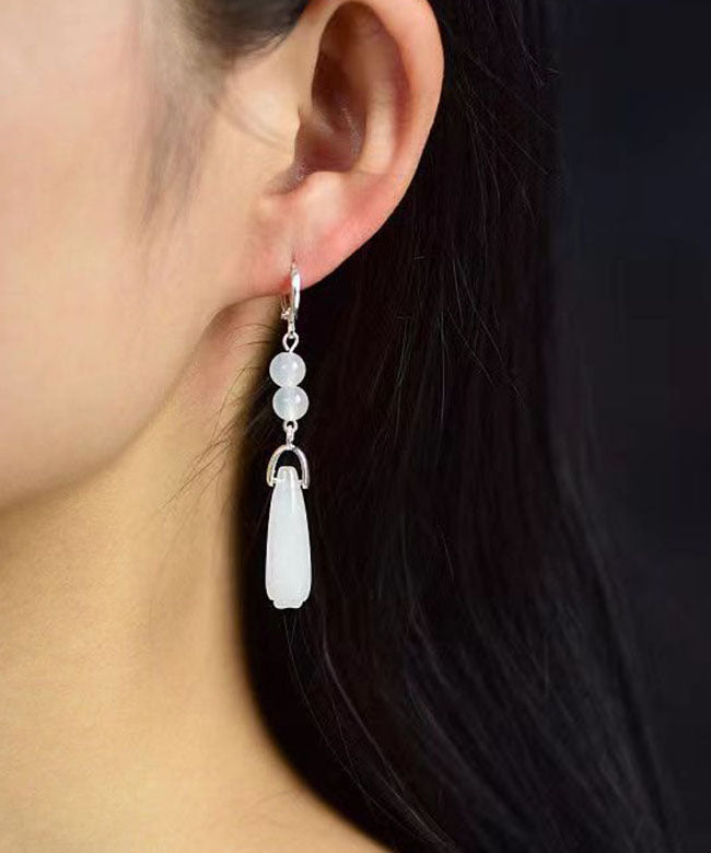 Art White Sterling Silver Jade Orchid Crystal Drop Earrings