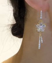 Art White Zircon Floral Bow Tassel Drop Earrings