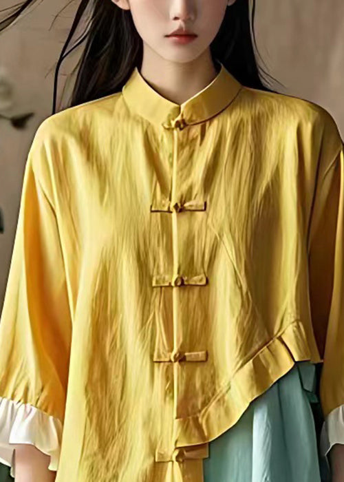 Art Yellow Asymmetrical Button Cotton Blouse Butterfly Sleeve