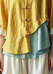 Art Yellow Asymmetrical Button Cotton Blouse Butterfly Sleeve