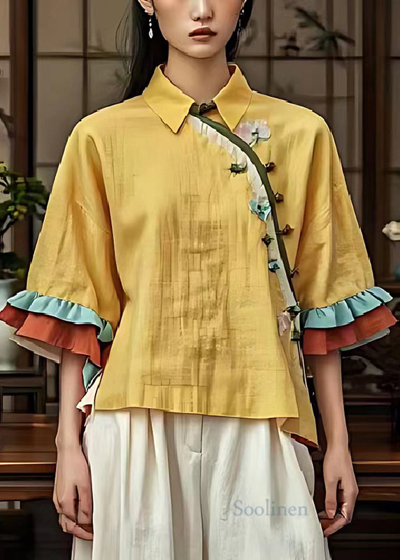 Art Yellow Chinese Button Linen Oriental Shirts Flare Sleeve