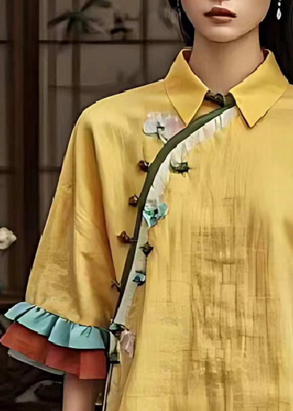 Art Yellow Chinese Button Linen Oriental Shirts Flare Sleeve