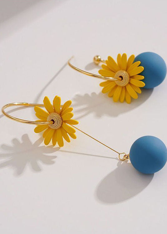 Art Yellow Daisy Asymmetrical Design Metal Drop Earrings