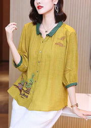 Art Yellow Embroideried Button Patchwork Linen Shirt Tops Summer