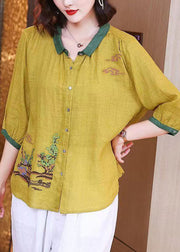 Art Yellow Embroideried Button Patchwork Linen Shirt Tops Summer