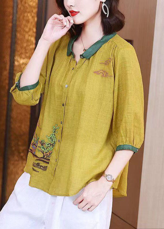 Art Yellow Embroideried Button Patchwork Linen Shirt Tops Summer