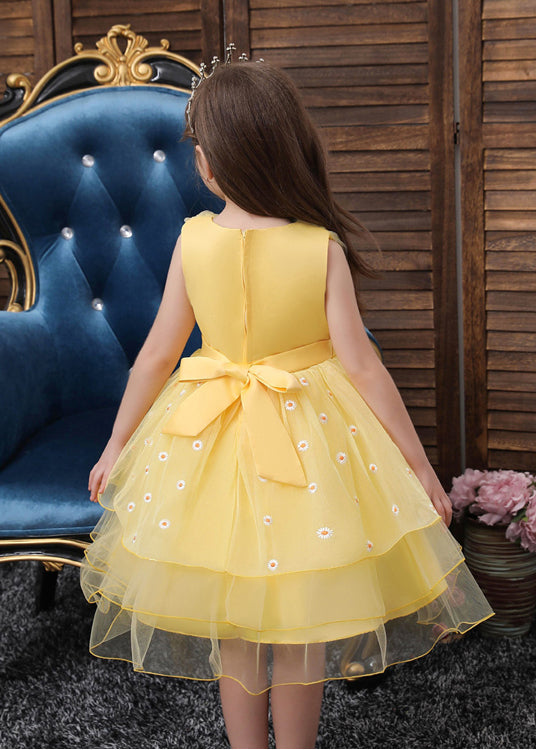 Art Yellow Embroideried Daisy Tulle Baby Girls Party Dress Summer