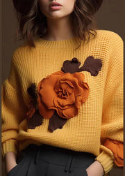 Art Yellow Floral  Cozy Cotton Knit Tops Fall