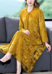 Art Yellow Hooded Embroideried Patchwork Silk Dress Spring