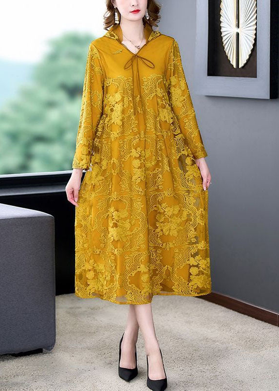 Art Yellow Hooded Embroideried Patchwork Silk Dress Spring