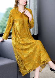 Art Yellow Hooded Embroideried Patchwork Silk Dress Spring