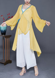 Art Yellow Lace Up Low High Design Chiffon Tops Summer