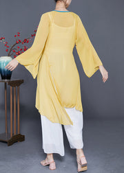 Art Yellow Lace Up Low High Design Chiffon Tops Summer