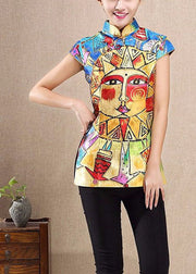 Art Yellow Mandarin Collar Slim Fit Sun People Print Tops Short Sleeve