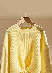 Art Yellow O Neck Lace Up Solid Knit Sweater Fall